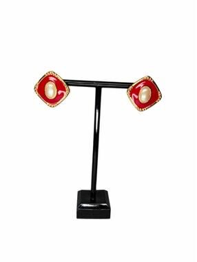 Vintage Red and Gold Faux Pearl Stud Earrings
